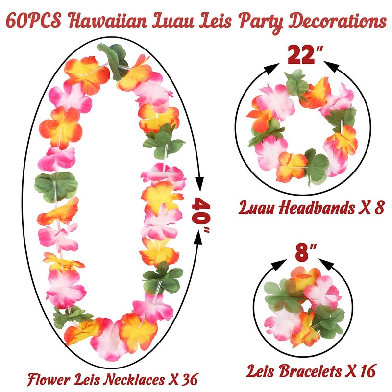 jollylife 60PCS Hawaiian Luau Leis Necklaces Bracelets Headbands Tropical Hibiscus Flowers Tiki Summer Pool Party Favors Supplies Decorations - Image 4